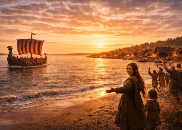 Kvinde og andre står ved kysten og ser et vikingskib sejle forbi.
